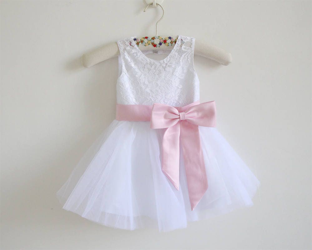 flower girl dress with pink sash