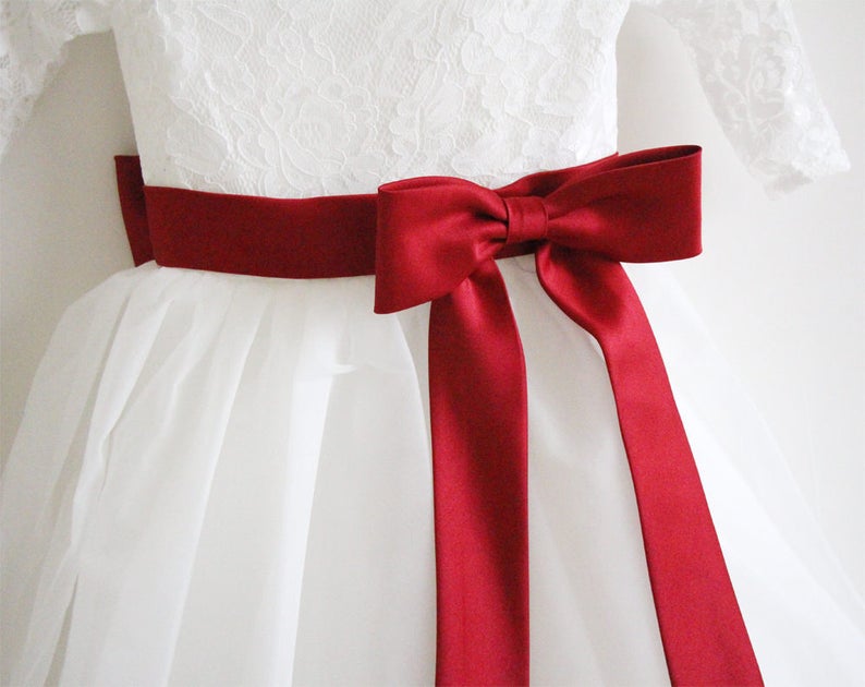 Long Sleeves Light Ivory Flower Girl Dress Wine Sash Bows Lace Tulle Flower Girl Dress With Burgundy SashBows
