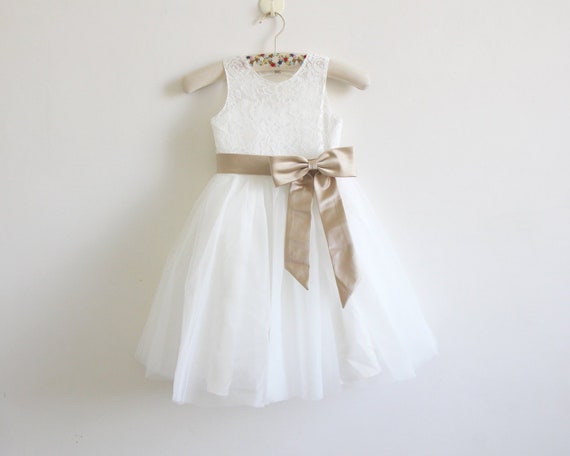 Light Ivory Flower Girl Dress, Champagne Flower Girl Dress, Lace Flower Girl Dress, Champagne Ribbon/Bows, Baby Girl Dress, Baby Party Dress