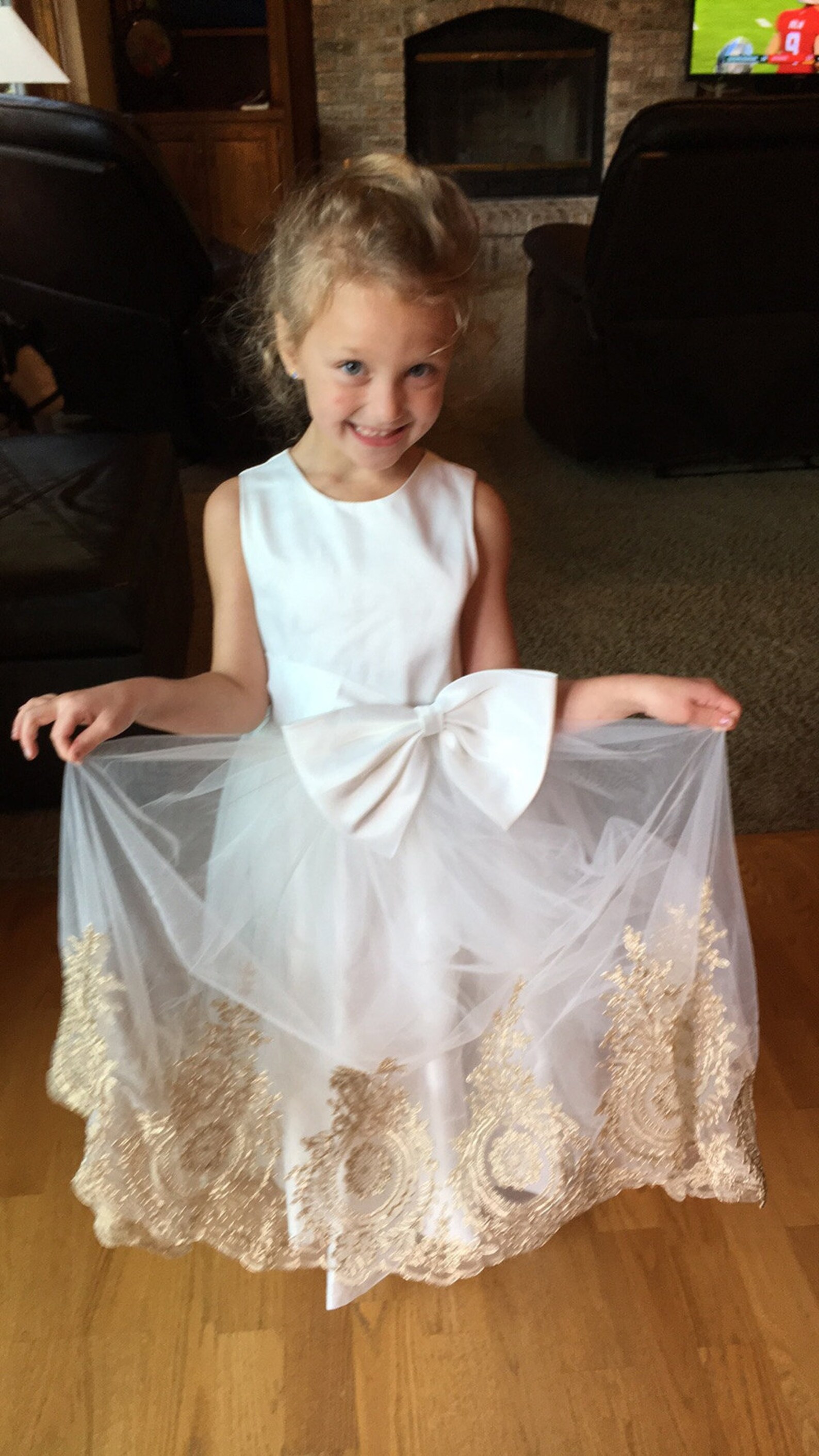 Ivory Flower Girl Dress, Gold Flower Girl Dress, Tulle Flower Girl