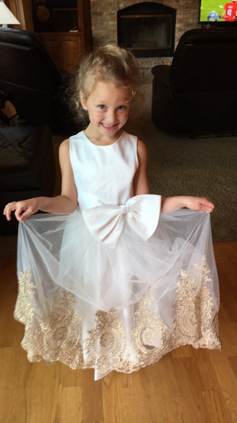 Light Ivory Flower Girl Dress, Gold Embroidery Flower Girl Dress, Tulle Flower Girl Dress, Girls Dress, Flower Girl Dress, Wedding Dress image 5