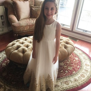 Light Ivory Flower Girl Dress, Gold Embroidery Flower Girl Dress, Tulle Flower Girl Dress, Girls Dress, Flower Girl Dress, Wedding Dress image 6