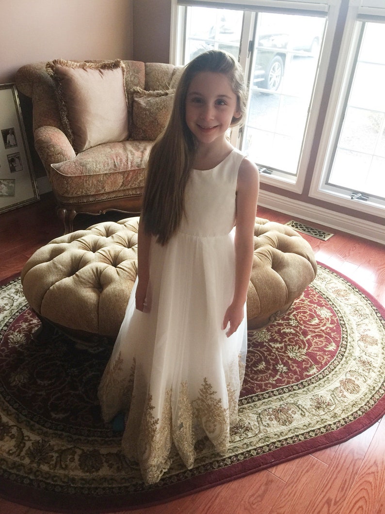 Light Ivory Flower Girl Dress, Gold Embroidery Flower Girl Dress, Tulle Flower Girl Dress, Girls Dress, Flower Girl Dress, Wedding Dress image 6