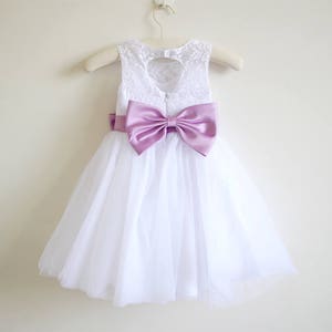 White Flower Girl Dress Lace Lilac Baby Girls Dress Tulle White Flower Girl Dress With Lilac Sash/Bows Sleeveless image 4