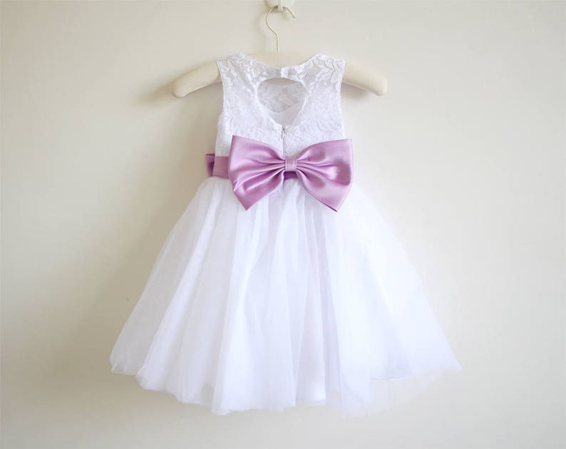 White Flower Girl Dress Lace Lilac Baby Girls Dress Tulle White Flower Girl Dress With Lilac Sash/Bows Sleeveless image 4