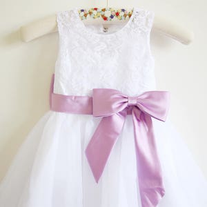 White Flower Girl Dress Lace Lilac Baby Girls Dress Tulle White Flower Girl Dress With Lilac Sash/Bows Sleeveless image 2