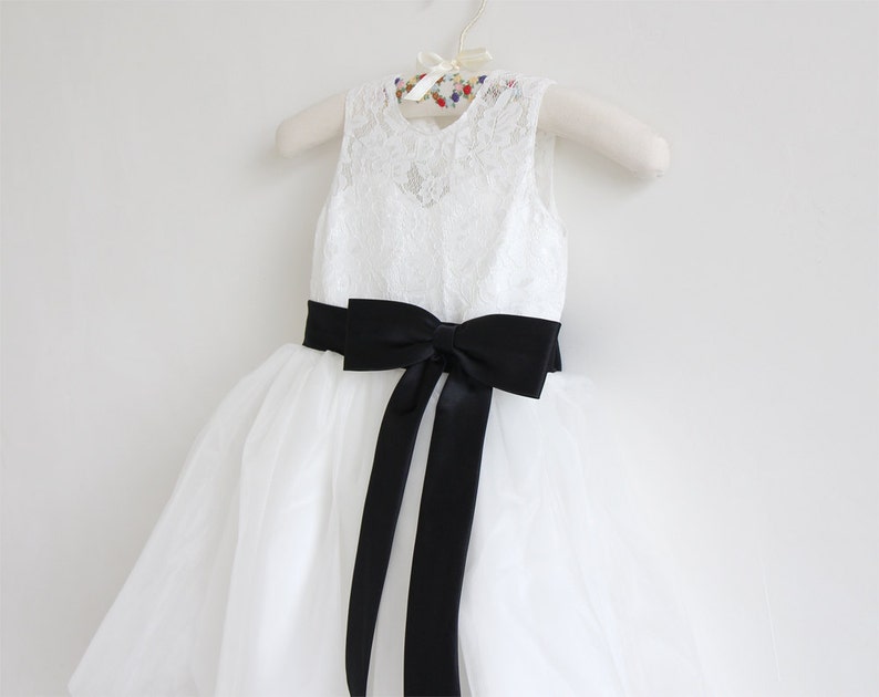 Ivory Flower Girl Dress, Lace Flower Girl Dress, Tulle Flower Girl Dress, Baby Girl Dress, Black Sash/Bows, Sleeveless Flower Girl Dress image 2