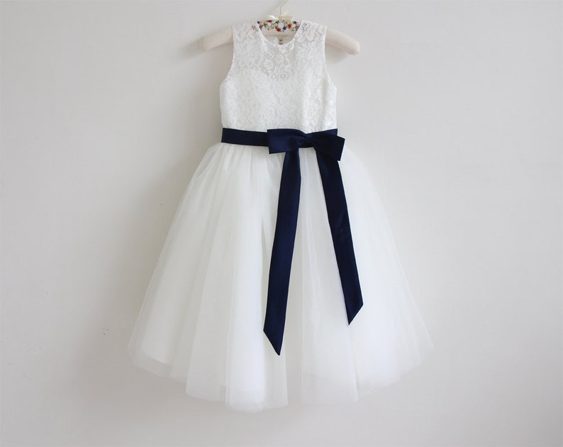Light Ivory Flower Girl Dress, Navy Flower Girl Dress, Baby Girl Dress, Lace Flower Girl Dress, Navy Blue Sash/Bows, Sleeveless Baby Dress image 1