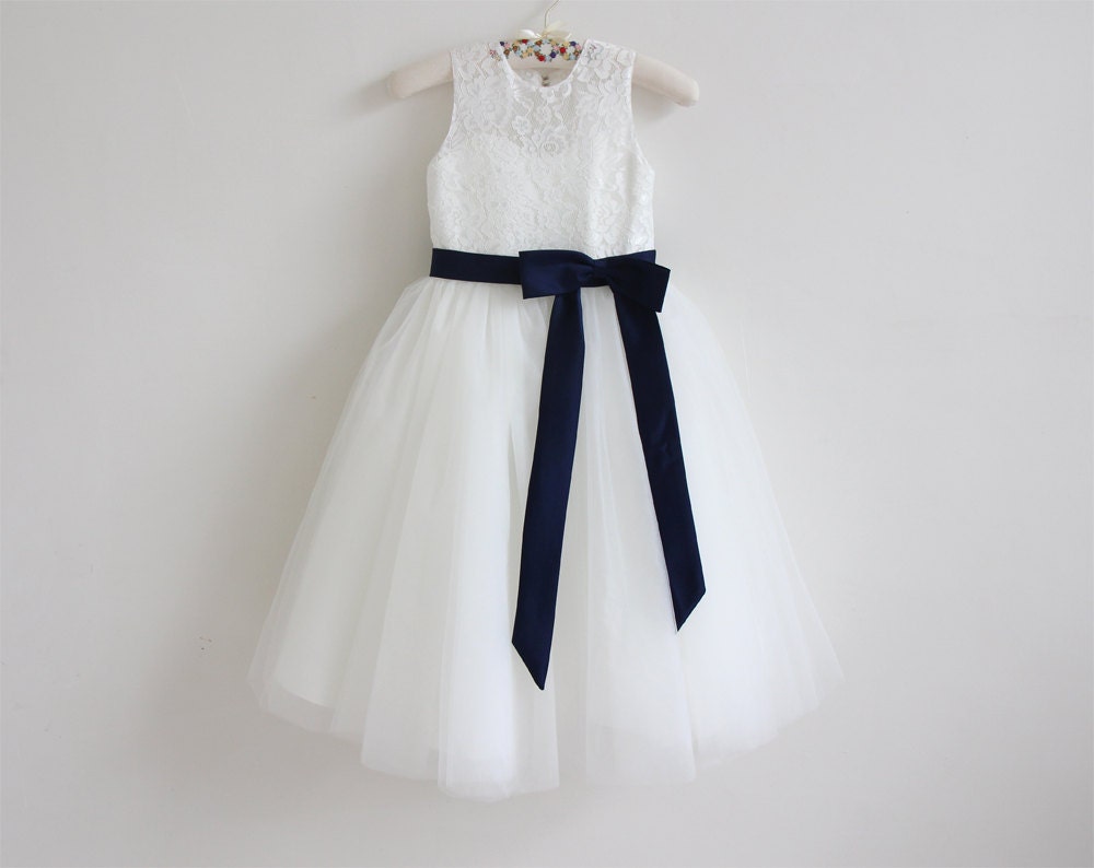 Light Ivory Flower Girl Dress, Navy Flower Girl Dress, Baby Girl Dres…