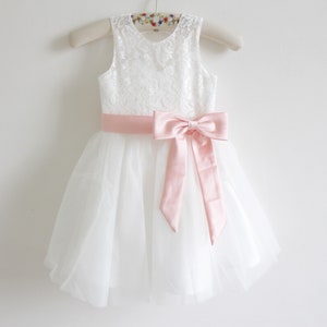 Lace Flower Girl Dress,Ivory Flower Girl Dress, Blush Flower Girl Dress, Blush Pink Ribbon, Baby Flower Girl Dress,Toddler flower girl dress