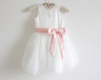 Lace Flower Girl Dress,Ivory Flower Girl Dress, Blush Flower Girl Dress, Blush Pink Ribbon, Baby Flower Girl Dress,Toddler flower girl dress