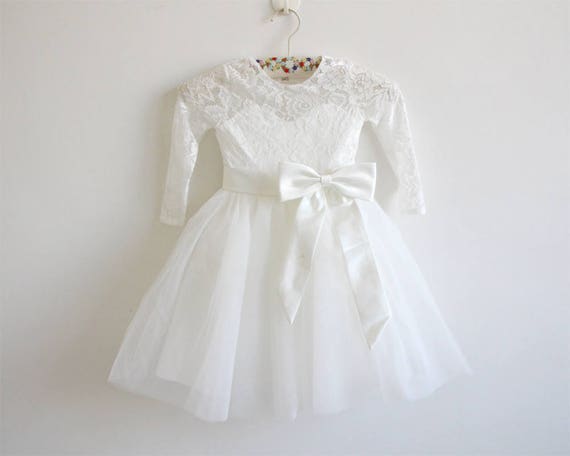 Light Ivory Lace Flower Girl Dress, Long Sleeve Tulle Skirt Light Ivory Lace Flower Girl Dress, Long Sleeve Tulle Skirt