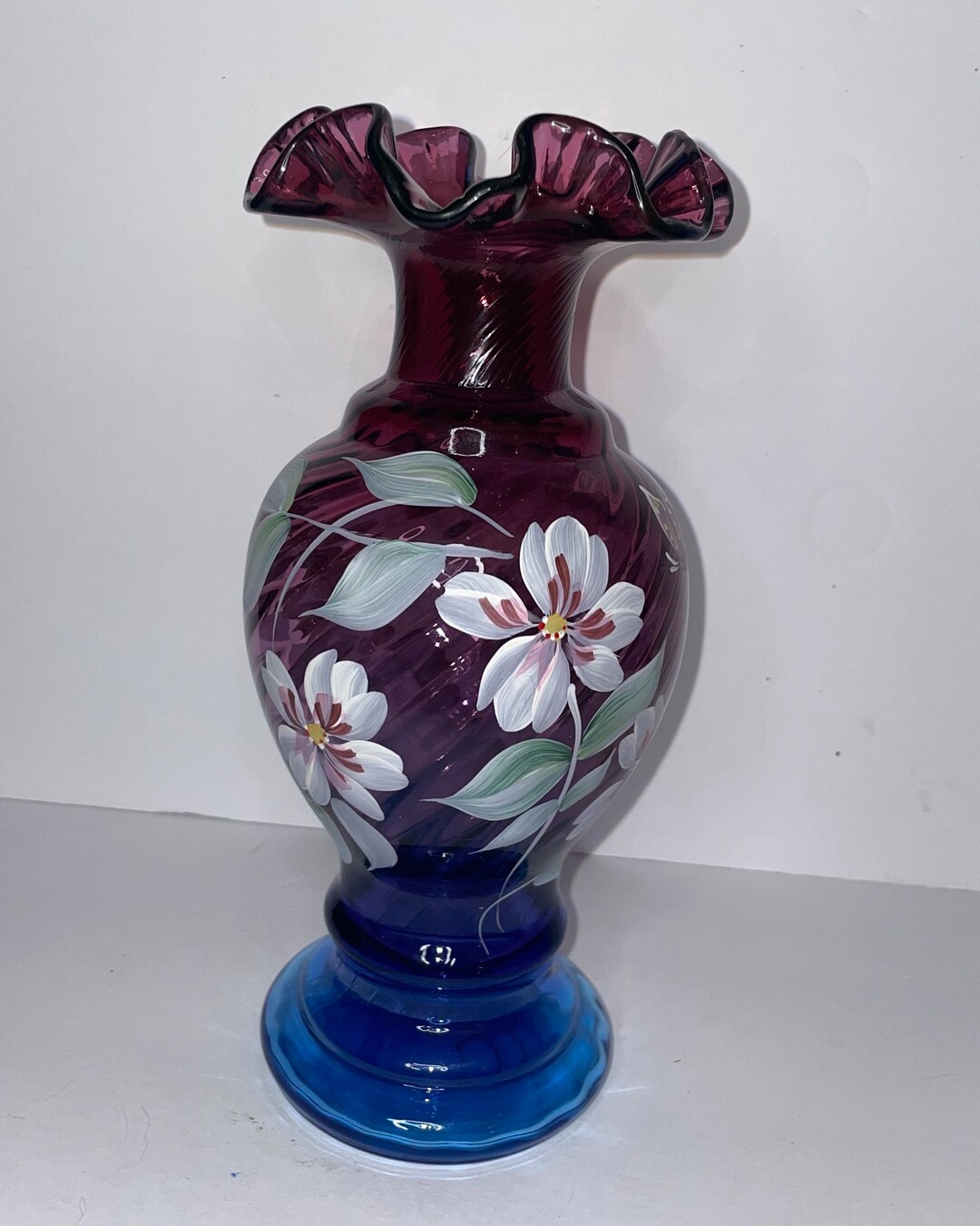 Vintage Fenton Glass Hand Painted Ruffled Mulberry Purple Blue Etsy