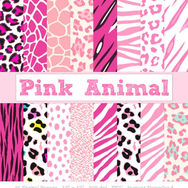 Digital Paper, Pink Animal Print, Zebra Print, Leopard Print, Tiger Stripes, Cheetah Spots, Giraffe Print, for Baby Girl - Instant Download