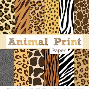 Animal Print Digital Paper Pack Zebra Print, Leopard Print, Tiger Stripes, Giraffe Spots, Elephant Skin Textures - Instant Digital Download