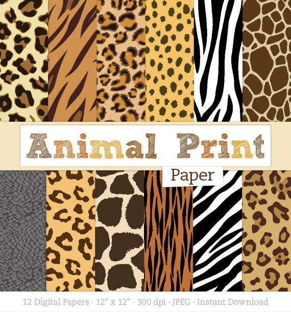 Animal Print Digital Paper Pack Zebra Print, Leopard Print, Tiger Stripes,  Giraffe Spots, Elephant Skin Textures Instant Digital Download 