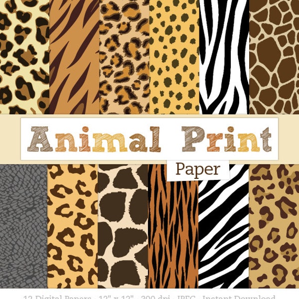 Animal Print Digital Paper Pack Zebra Print, Leopard Print, Tiger Stripes, Giraffe Spots, Elephant Skin Textures - Instant Digital Download