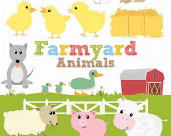 Farm Animals Clipart with Cow, Sheep, Pig, Chicks, Dog, Cat, Mouse, Ducks - Instant Download