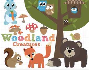 Woodland Animals Clipart, Owl, Rabbit, Squirrel, Fox, Bear - Instant Download