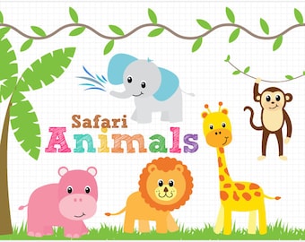 Safari Animals Clipart, Lion, Giraffe, Monkey, Elephant, Hippo - Instant Download