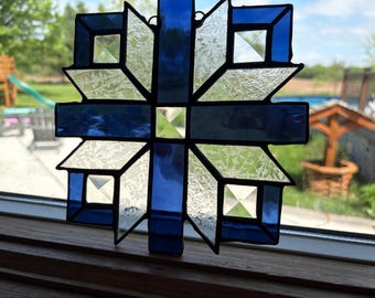 Beautiful Blue and Wispy Stained Glass Snowflake