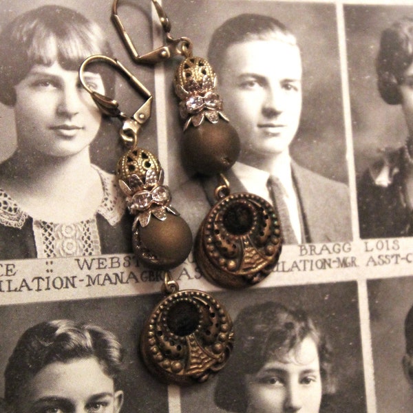 Assemblage Earrings with Victorian Perfume Buttons and Gold Druzy Beads -  Rustic Repurposed Jewelry - OOAK Earrings