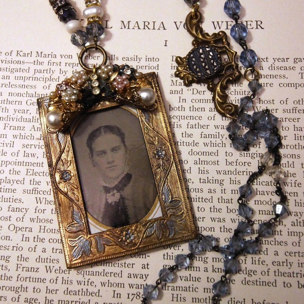 OOAK Assemblage Tintype Necklace with Original Metal Frame-Vintage Glass Rosary Beads-Victorian Buttons and Vintage Earring-Romantic Jewelry