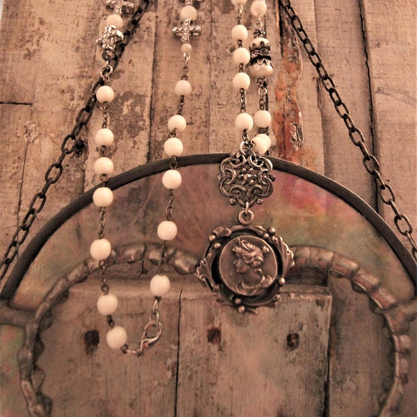 OOAK Assemblage Necklace with Antique Pendant, Vintage Rosary Beads, Rhinestones, Agate Beads and Baroque Pearls-Romantic Repurposed Jewelry