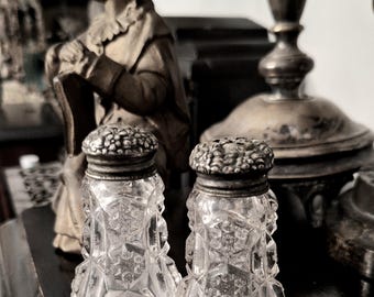 Antique Salt and Pepper Shakers, Pressed Glass and Sterling