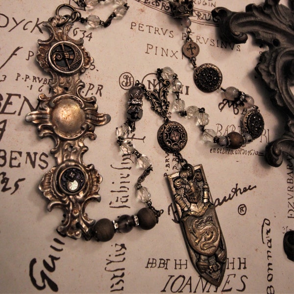 Assemblage Necklace with Medieval Theme-Knight Crown Sword with Victorian Buttons and Vintage Rosary Beads -OOAK Romantic Repurposed Jewelry