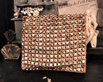 Vintage Rhinestone Change Purse: Small Damask Coin Wallet