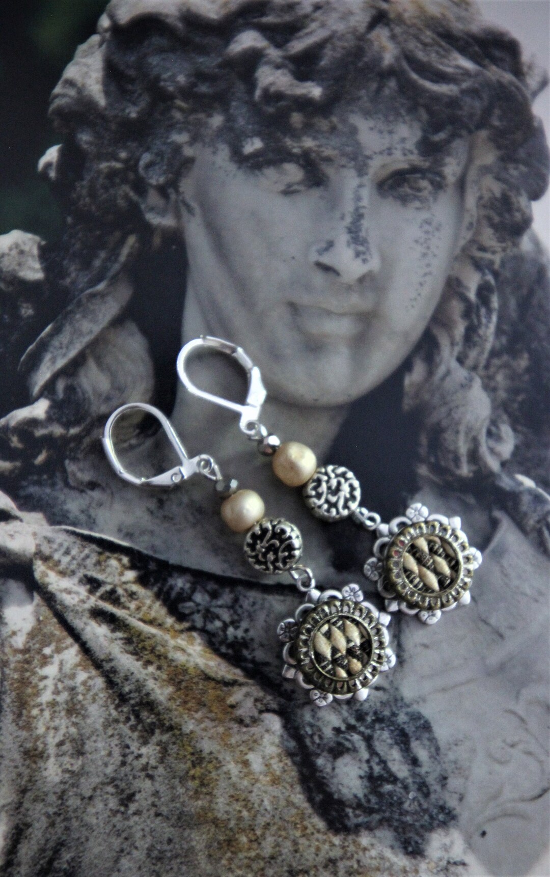 Assemblage Earrings With Edwardian Buttons and Aubergine Beads OOAK