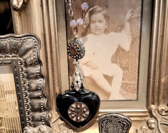 Assemblage Vintage Glass Heart Necklace, Victorian Abalone Buttons, Aubergine Glass Beads