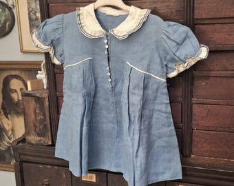 Vintage French Linen Child's Dress - Blue Linen, Ecru Collar, Pearl Buttons