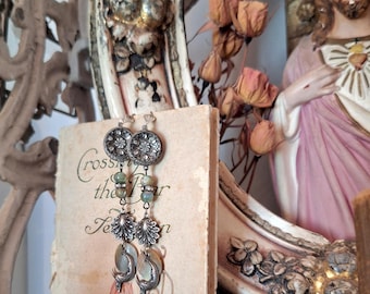 OOAK Assemblage Earrings - Victorian Metal Buttons, Iridescent Bead, Moon Goddess Charms