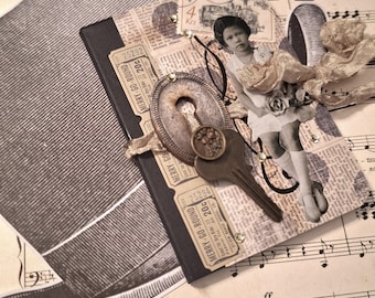 OOAK Mini Collaged Notebook- Pocket-sized Vintage Styled Journal, 4.5" x 3.25"
