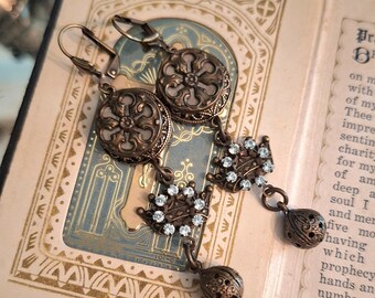 OOAK Assemblage Earrings - Victorian Metal Buttons, Crown Charms, and Rhinestones