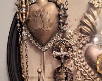 Victorian Tintype Assemblage Necklace, Large Cut Steel Button, 1800s Tintype, Agate Beads and Faux Pearls