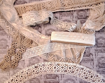 Antique Lace and Trim Lot - Textile Art Supply - Junk Journal Supply