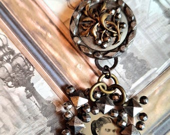 Victorian Tintype Assemblage Necklace, Cut Steel Buckle, Agate Beads, Rosary Beads