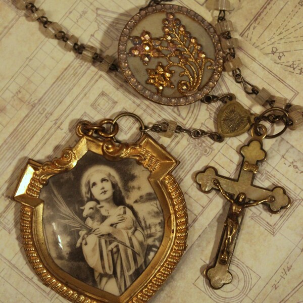 Upcycled Rosary Necklace - Vintage Rosary Medal Victorian Button and Vintage Crucifix