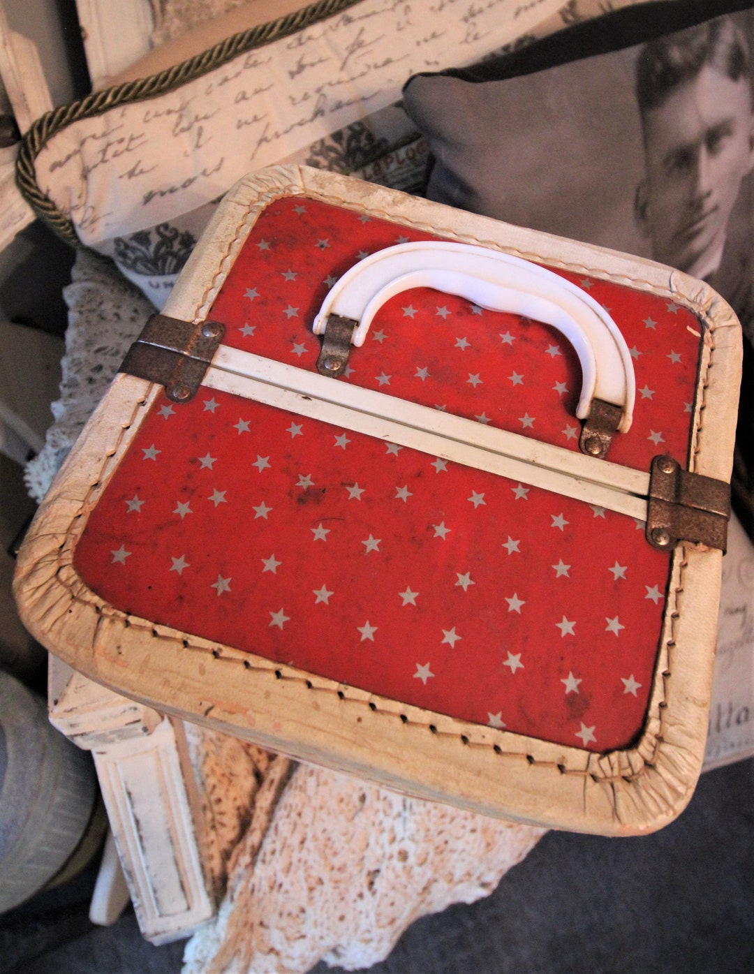 Antique Doll Trunk Red Metal With Stars and Lined Interior Etsy