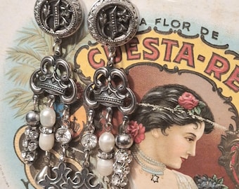 Assemblage Chandelier Earrings - Edwardian Button Earrings - Eclectic Repurposed Jewelry