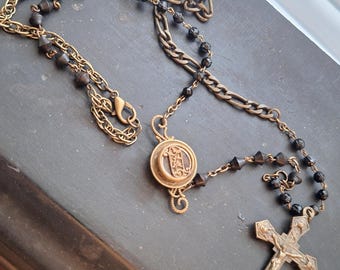 OOAK Unisex Crucifix Necklace- Vintage Crucifix and Rosary Beads