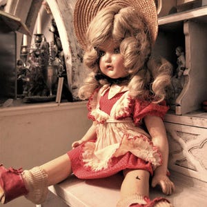 1930s Horsman Composition Doll: Antique Pinafore Dress, Straw Hat