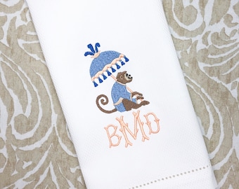 Monogrammed Chinoiserie Monkey Cotton Tea Towel
