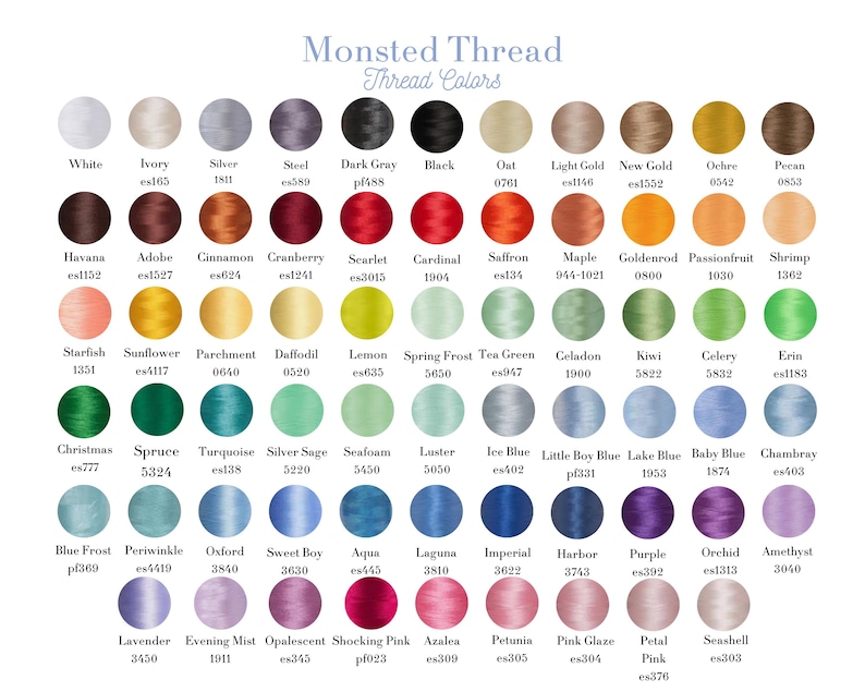 Puede incluir: Una carta de colores de Monsted Thread muestra una amplia gama de colores de hilo. La carta incluye tonos de blanco, gris, negro y marr&oacute;n, as&iacute; como varios tonos de azul, verde, morado y rosa. Cada color est&aacute; etiquetado con un nombre y un c&oacute;digo.