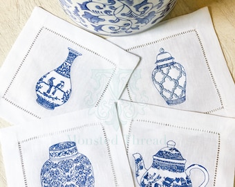Blue Willow and Chinoiserie Linen Cocktail Napkins