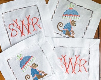 Monogrammed Chinoiserie Monkey Linen Cocktail Napkins: Set of 4