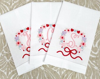 Monogrammed Valentine's Tea Towel with Floral Heart Wreath